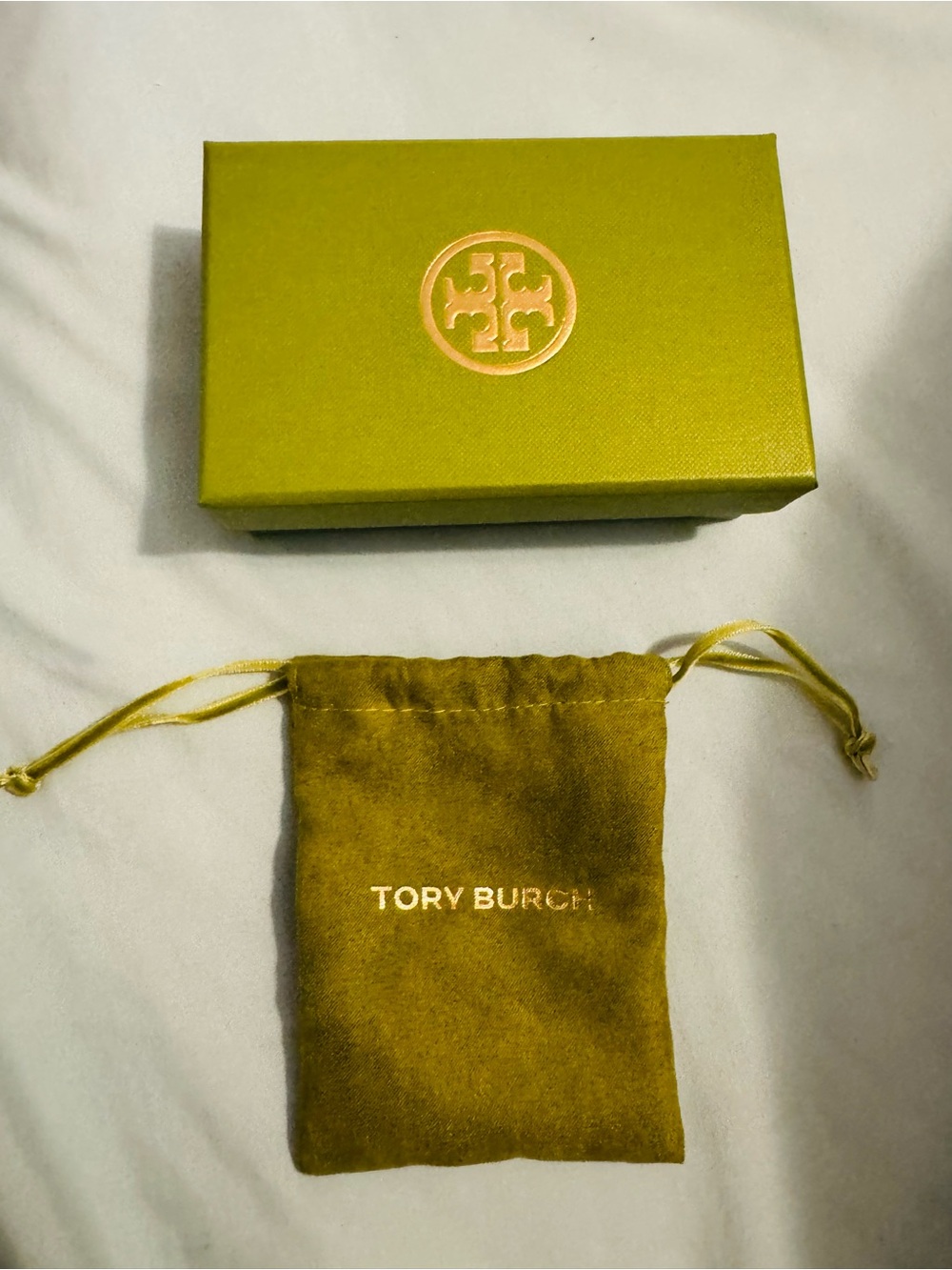 Tory Burch Lime Green Velvet Pouch & Tory Burch Box.